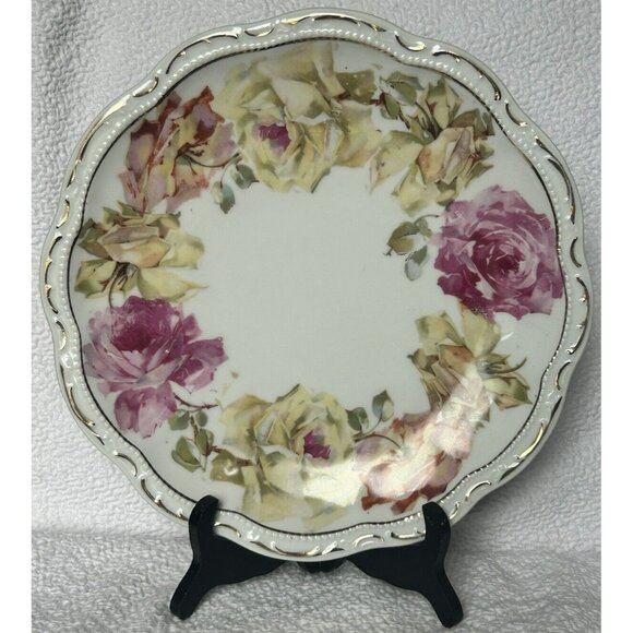 Three Crown China Dinner Plate Antique c1909-1916 Pink And Yellow Roses Gilding - Picture 1 of 14